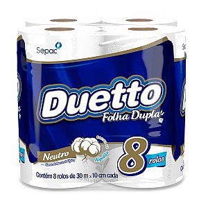 PAPEL HIGIENICO FOLHA DUPLA NEUTRO PT C/8 ROLOS DE 30M DUETTO