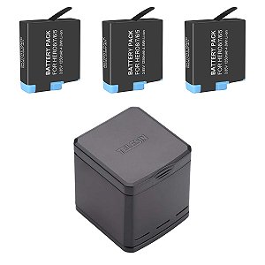 Kit Carregador e Três Baterias para GoPro HERO6, HERO7, HERO8 Black e HERO 2018