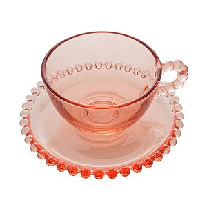 Xícara de Cristal de Chumbo Para Chá Com Pires de Bolinhas Pearl Rosa - 180 ml