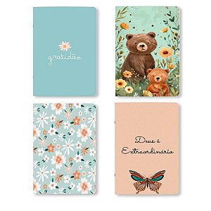 4 Cadernos Capa Flexível Colorida, A5, 80 Páginas Sem Pauta, 75g, Grampeado