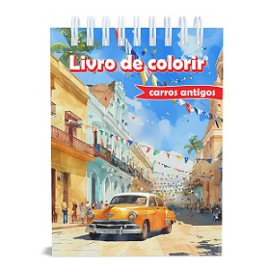 Livro de Colorir Carros Antigos, Capa Dura, A5, 50 desenhos, 120g, Acetato