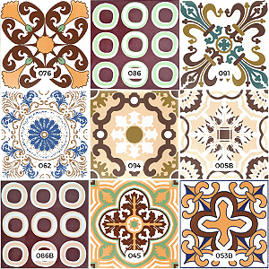 Kit de Azulejos Decorados 13 - 9 Peças - Modelos 005b / 045 / 53b / 62 (2) / 076 / 86b / 86u / 094 / 091