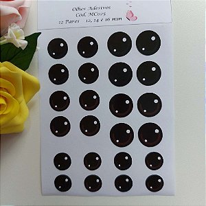 Olho Adesivo Resinado MC025 - PRETO - Tamanhos Mistos 12mm - 14mm e 16mm