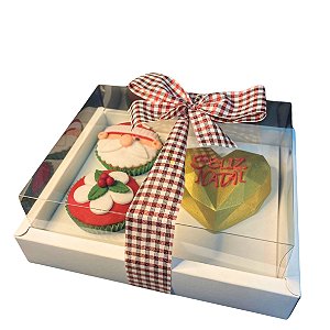 Caixa borda moldura com tampa em acetato / modelo coração lapidado e  2 cupcakes - 10 unidades