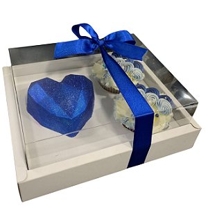 Caixa borda moldura com tampa em acetato / modelo coração lapidado e  2 cupcakes - 10 unidades