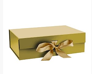 Caixa rígida dobrável com  fecho magnético e fita de  cetim para presente  cor dourado - 1 Unidade