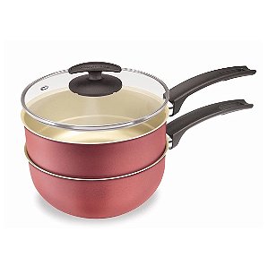 Panela Banho Maria 18cm 3 em 1 Tampa Vidro Cor Cereja- Chocolateira-Banho Maria