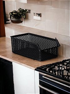 Kit Cesto Organizador Empilhável Plástico Preto Resistente 15x28x10cm Com 2 peças