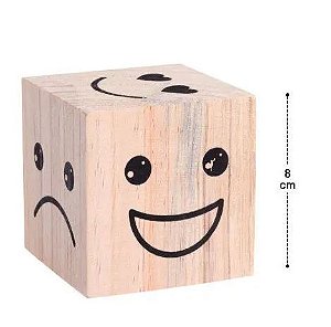 Cubo Decorativo de Madeira 8 x 8cm com Rosto Smiles Emoticons Rústico