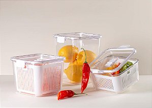 Kit 2 Potes Herméticos com Cesto Para Drenagem Organizador Diamond  Branco com Válvula Abre/Fecha Grande