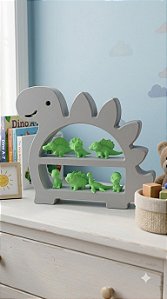 Kit 07 mini dinossauros para se divertir Com prateleira Dinossauro Feliz