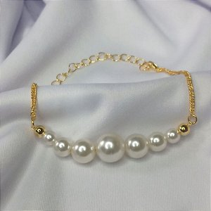 Pulseira c/ 7 pérolas e 2 bolinhas - Ouro 18K
