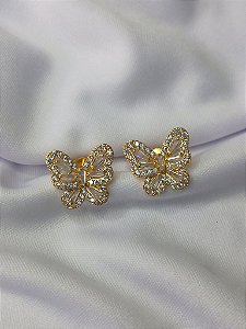 Brinco Borboleta Cravejada c/ baguetes + zircônias (15MM) - Ouro 18K