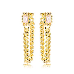 Ear Jacket Corrente Quartzo Rosa Dourado