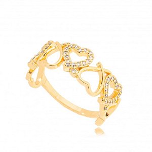 Anel Mini Corações Cravejado Dourado