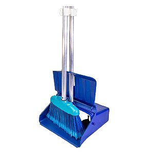 Pá Coletora Azul Com Tampa com Vassoura Cabo 60 cm