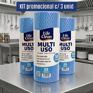 Pano Multiuso Life Clean 50 panos - 28x50 cm Rolo 25m - 3 unid