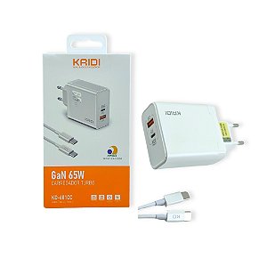 CARREGADOR DE TOMADA TURBO GAN 65W CABO MICRO USB-C/TIPO-C 1MT KD-681CC