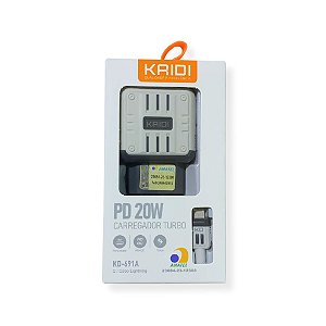 CARREGADOR DE TOMADA, TURBO, PD+QC, 3.0, 20W USB/LIGHTNING KD-691A