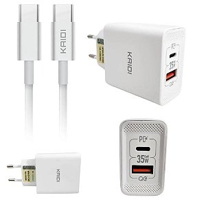 CARREGADOR DE TOMADA TURB GAN DC5V-12V+CABO DE DADOS TIPO-C PARA TIPO-C KD-671CC