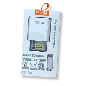 CARREGADOR TURBO PD 20W KAIDI PARA CELULAR COM CABO TIPO C PARA LIGHTNING KD-108A