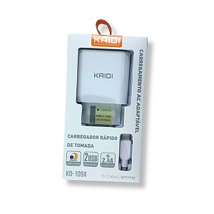 CARREGADOR RÁPIDO KAIDI PARA CELULAR 2 PORTAS USB COM CABO LIGHTNING KD-109A