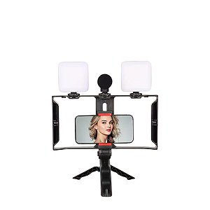 SUPORTE TRIPE DE CAMERA PORTATIL + MICROFONE + LUZ MARCA MTG-3333