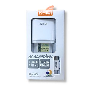CARREGADOR TURBO 20W KAIDI PARA CELULAR COM CABO TIPO C PARA C KD-669CC