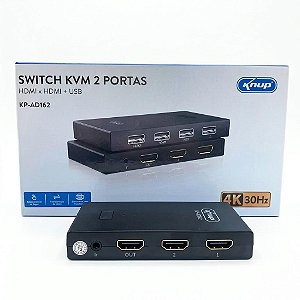 CHAVEADOR COMUTADOR KMV USB E HDMI 4K 2 X 1 PARA DOIS COMPUTADORES E UM MONITOR DE VIDEO KNUP KP-AD162