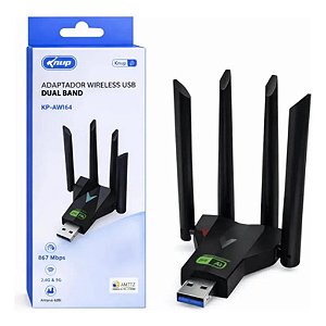 ADAPTADOR USB COM ANTENAS DUAL BAND 2,4G 5.8G  600MBPS, ANTENA DE 2DBI KNUP KP-AW163