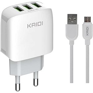 CARREGADOR DE TOMADA COM 3 SAIDAS USB DC5V, 3.1A MICRO USB V8 1 MT KD-557S
