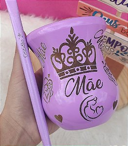 Cuia de madeira 360° mandala rosa flourescente