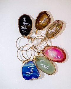 Cj 6 Marcadores de Taças em Pedra Ágata Banhado à Ouro + Caixa Suporte+ Palavras