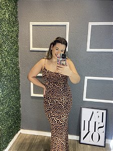 Vestido tule alça leopardo marrom
