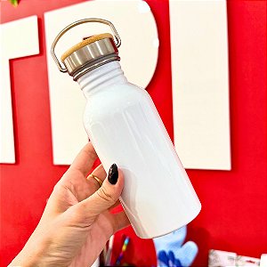 Garrafa Leiteira para Sublimação em Aço Inox Branca com Tampa Bambu - 500ml - LiveSub
