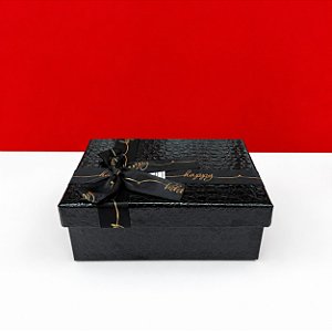 Caixa para Presente Preta Pequena - Textura de Couro com Laço