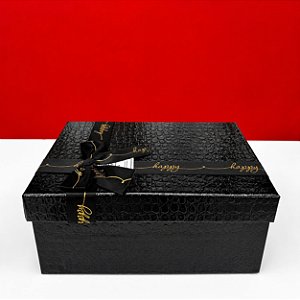Caixa para Presente Preta Grande - Textura de Couro com Laço