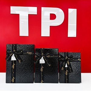 Kit Caixa para Presente Preta com 3 Tamanhos - Textura de Couro com Laço