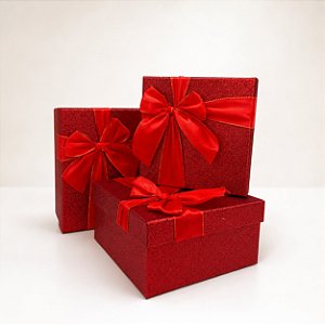 Kit Caixa para Presente Vermelha  com 3 Unidades  - Com Glitter e Laço