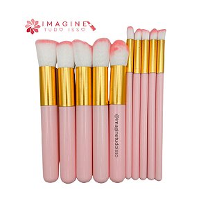 Kit com 10 Pincéis (COR Rosa e Dourado)