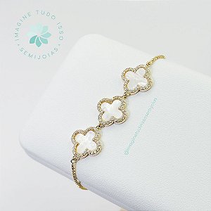 Pulseira Semijoia Trevo Cravejado e Estilo Madrepérola Gravatinha (dourada)
