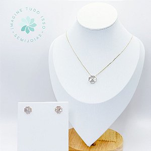 Conjunto Semijoia Colar e Brincos Trevinho Estilo Madrepérola Delicado (dourado)