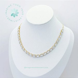 Colar Semijoia Brilho Oval Gravatinha Ajustável (dourado)
