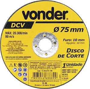 Disco de corte 75 mm x 1,4 mm x 10 mm DCV, VONDER