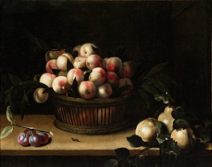 Cesta de pêssegos, marmelos e ameixas