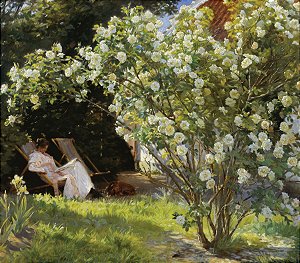 Marie Kroyer sentada no jardim