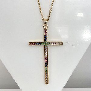 Corrente Folheada Elos Finos com Cruz Cravejado pedras Coloridas