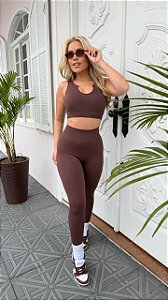 CONJUNTO FITNESS PREMIUM: TOP DECOTE U + LEGGING MARROM