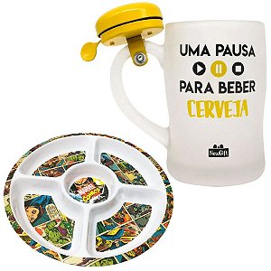 Caneca Campainha 400ml Pausa Cerveja + Petisqueira Marvel HQ