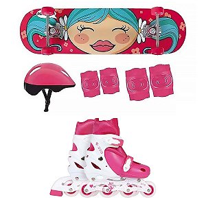 Kit Skate Infantil Menina C/Capacete +Patins Infantil Rosa M
